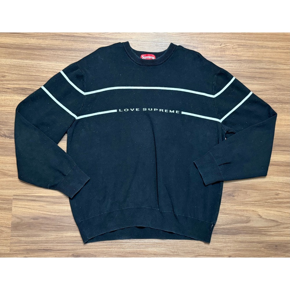 Supreme Love Supreme Black Cotton Knit Crewneck Sweater Stripe Logo Men's Sz M